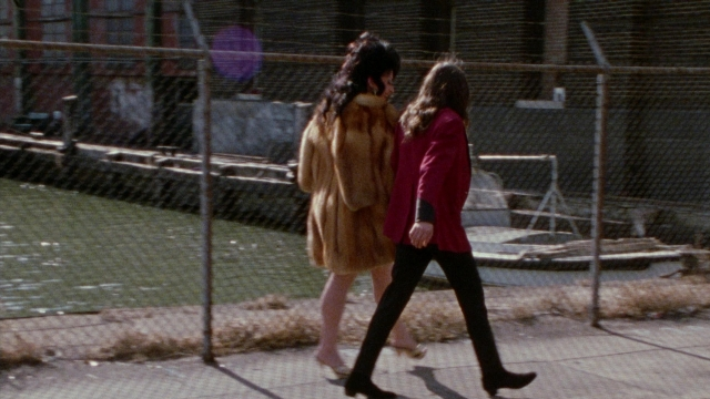 Wide shot frame from Female Trouble — walking, street, coat