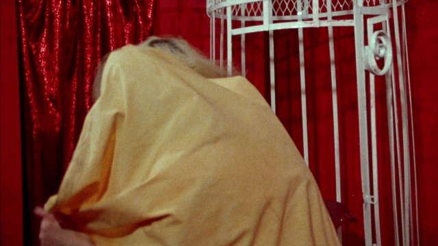 Wide shot frame from Female Trouble — standing, curtain, person