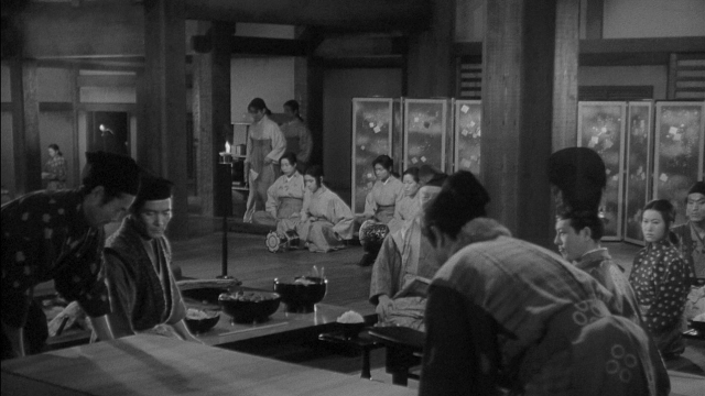 Wide shot frame from Sansho dayu — sitting, standing, room
