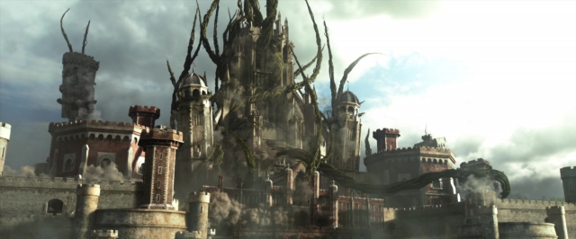 Wide shot frame from Jack the Giant Slayer — smoke, castle