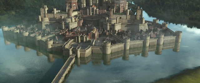 Wide shot frame from Jack the Giant Slayer — water, castle