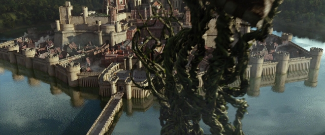 Wide shot frame from Jack the Giant Slayer — water, clock, castle