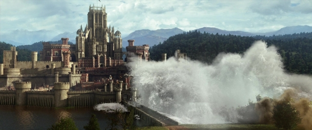 Wide shot frame from Jack the Giant Slayer — water, castle