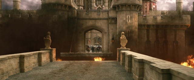 Wide shot frame from Jack the Giant Slayer — fire, castle