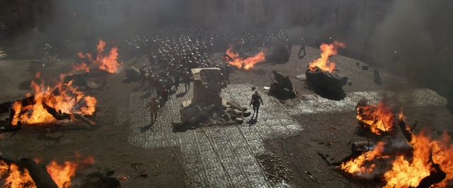 Frame from Jack the Giant Slayer — street, fire, night