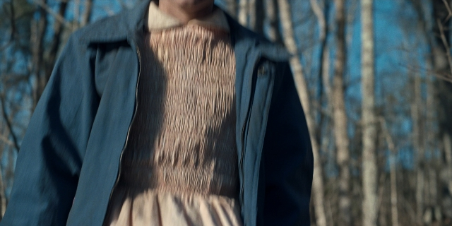 Wide shot frame from Stranger Things — standing, coat, dress