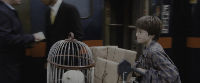 Wide shot frame from Harry Potter and the Sorcerer's Stone — standing, hand, suit