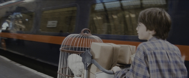Wide shot frame from Harry Potter and the Sorcerer's Stone — sitting, shirt, hair