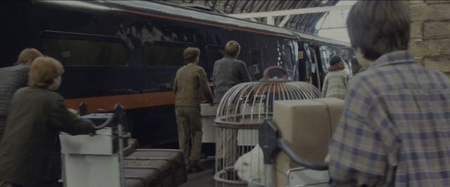 Wide shot frame from Harry Potter and the Sorcerer's Stone — standing, train, bird