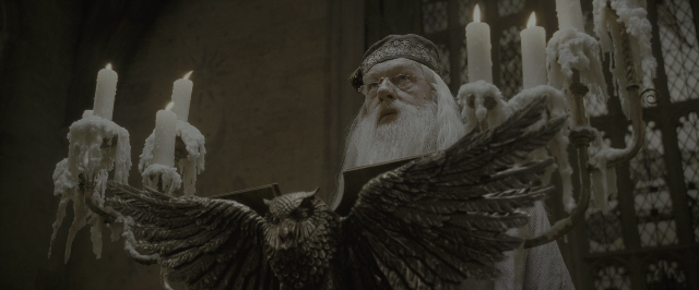 Wide shot frame from Harry Potter and the Half-Blood Prince — sitting, book, hat
