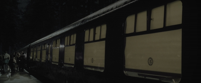 Wide shot frame from Harry Potter and the Half-Blood Prince — standing, night, train