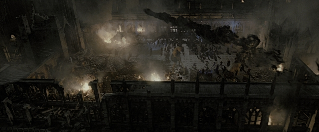 Wide shot frame from Harry Potter and the Deathly Hallows - Part 2 — standing, room, smoke