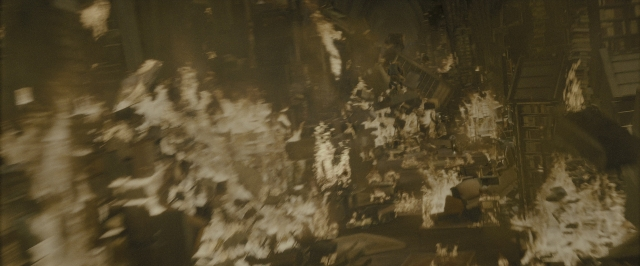 Wide shot frame from Harry Potter and the Deathly Hallows - Part 2 — room, smoke, building