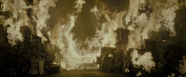 Wide shot frame from Harry Potter and the Deathly Hallows - Part 2 — room, smoke, building