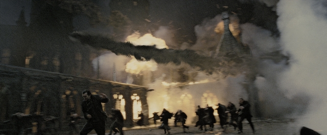 Wide shot frame from Harry Potter and the Deathly Hallows - Part 2 — walking, street, night