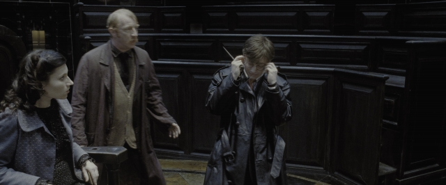 Wide shot frame from Harry Potter and the Deathly Hallows - Part 1 — sitting, book, standing