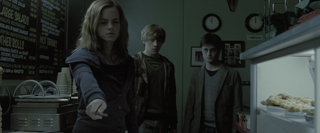 Wide shot frame from Harry Potter and the Deathly Hallows - Part 1 — standing, plate, dialogue