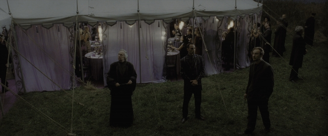 Wide shot frame from Harry Potter and the Deathly Hallows - Part 1 — standing, dialogue, night