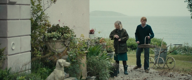 Wide shot frame from About Time — standing, dog, sea