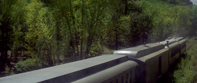 Wide shot frame from Butch Cassidy and the Sundance Kid — standing, train, bird