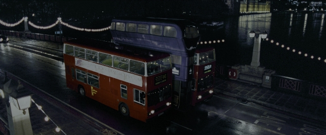 Wide shot frame from Harry Potter and the Prisoner of Azkaban — night, water, bus