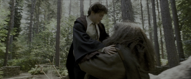 Wide shot frame from Harry Potter and the Prisoner of Azkaban — sitting, standing, hand