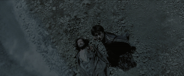 Wide shot frame from Harry Potter and the Prisoner of Azkaban — standing, coat, beard