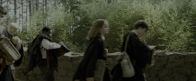 Wide shot frame from Harry Potter and the Prisoner of Azkaban — book, walking, forest