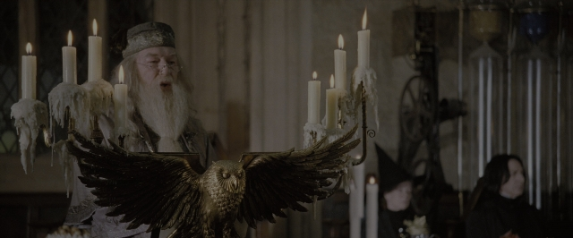Wide shot frame from Harry Potter and the Order of the Phoenix — sitting, standing, table