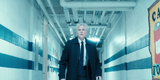 Wide shot frame from Stranger Things — walking, coat, suit