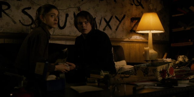 Wide shot frame from Stranger Things — sitting, room, dialogue