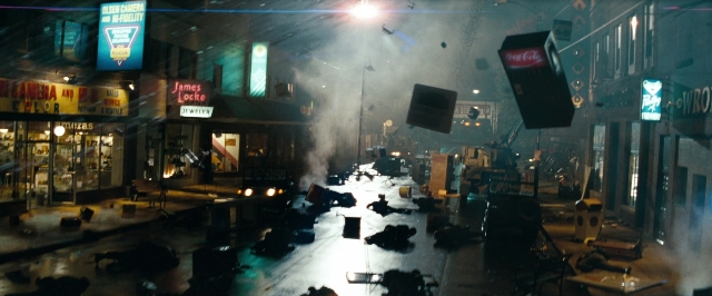 Wide shot frame from Super 8 — street, night, smoke