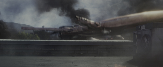 Frame from Power Rangers — smoke, airplane