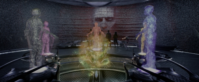 Wide shot frame from Power Rangers — standing, fountain, person