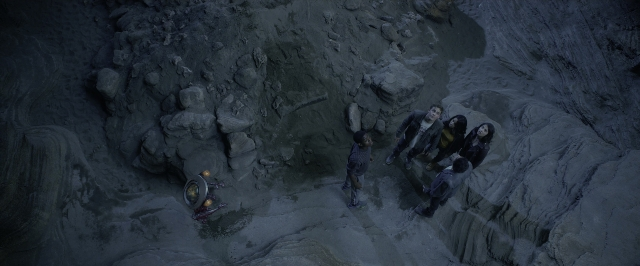 Wide shot frame from Power Rangers — standing, water, bird
