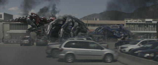 Wide shot frame from Power Rangers — standing, car, smoke