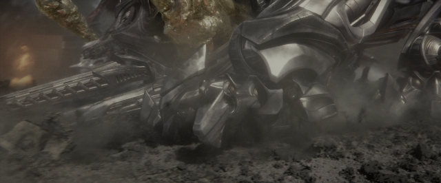 Wide shot frame from Power Rangers — smoke, car tire