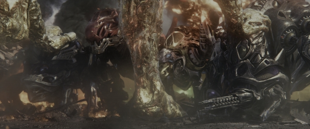 Wide shot frame from Power Rangers — standing, fire, night
