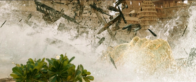Wide shot frame from Bãhubali 2: The Conclusion — water, clock, fountain