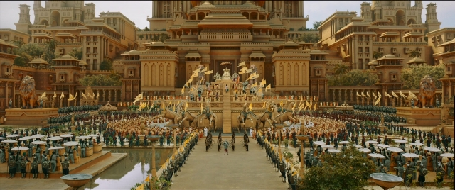 Wide shot frame from Bãhubali 2: The Conclusion — horse, train, person