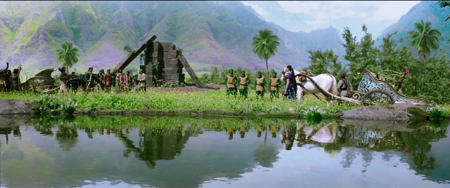 Wide shot frame from Bãhubali 2: The Conclusion — standing, water, horse