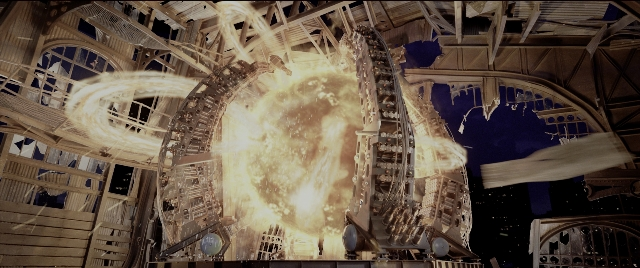 Wide shot frame from Spider-Man 2 — night, smoke, window