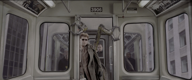 Wide shot frame from Spider-Man 2 — standing, door, street