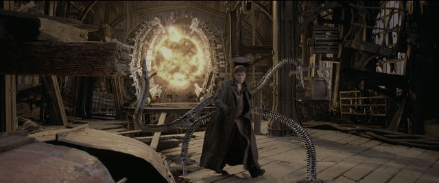Wide shot frame from Spider-Man 2 — standing, room, hat