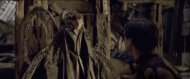 Wide shot frame from Spider-Man 2 — standing, room, coat