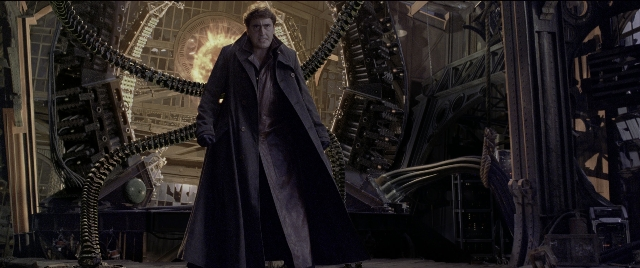 Wide shot frame from Spider-Man 2 — standing, room, coat