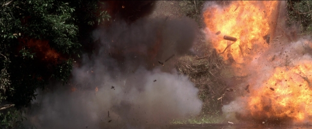 Wide shot frame from Anaconda — fire, smoke, forest