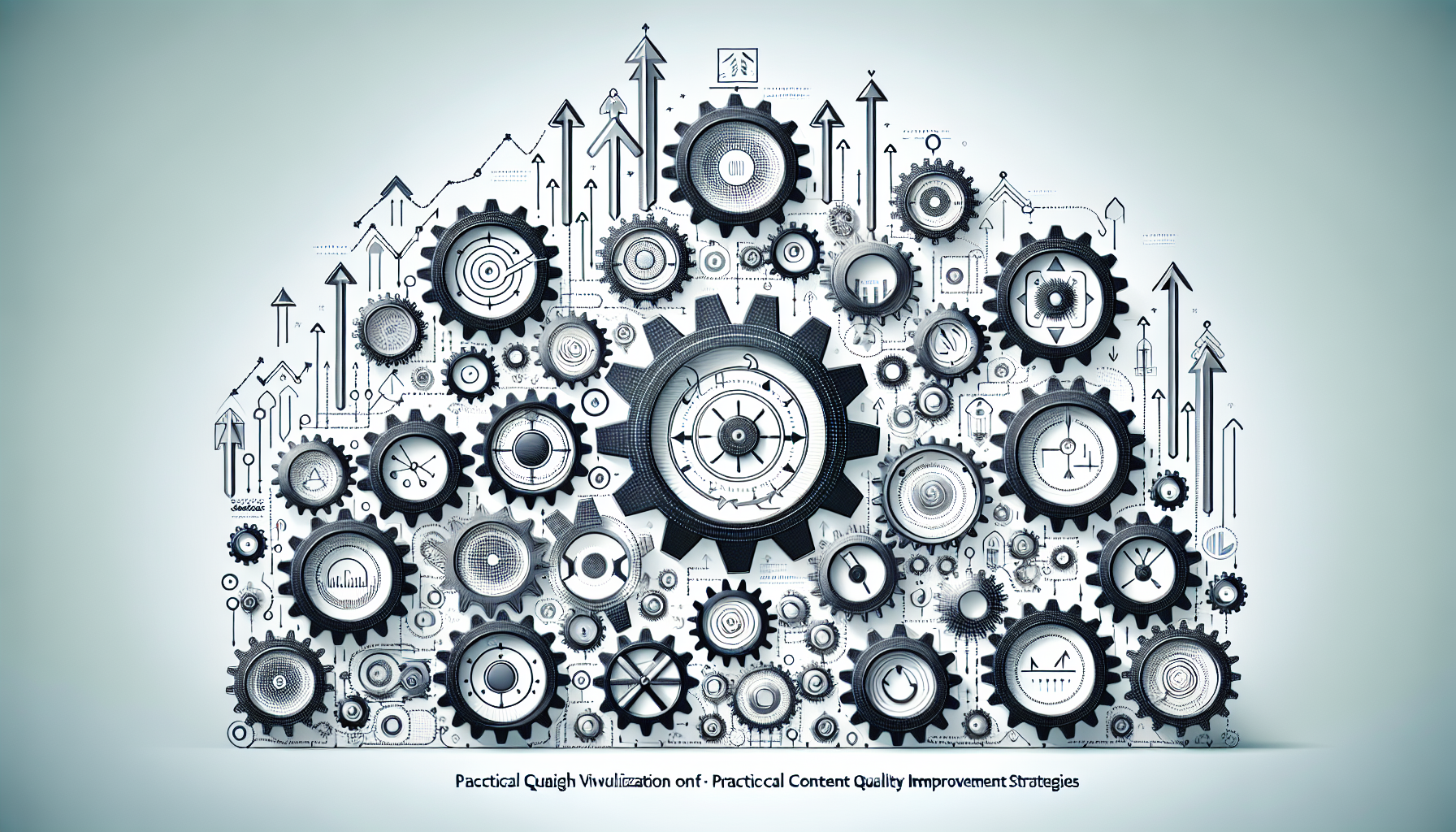 Абстрактная визуализация практических стратегий повышения качества контента с шестеренками и стрелками роста
