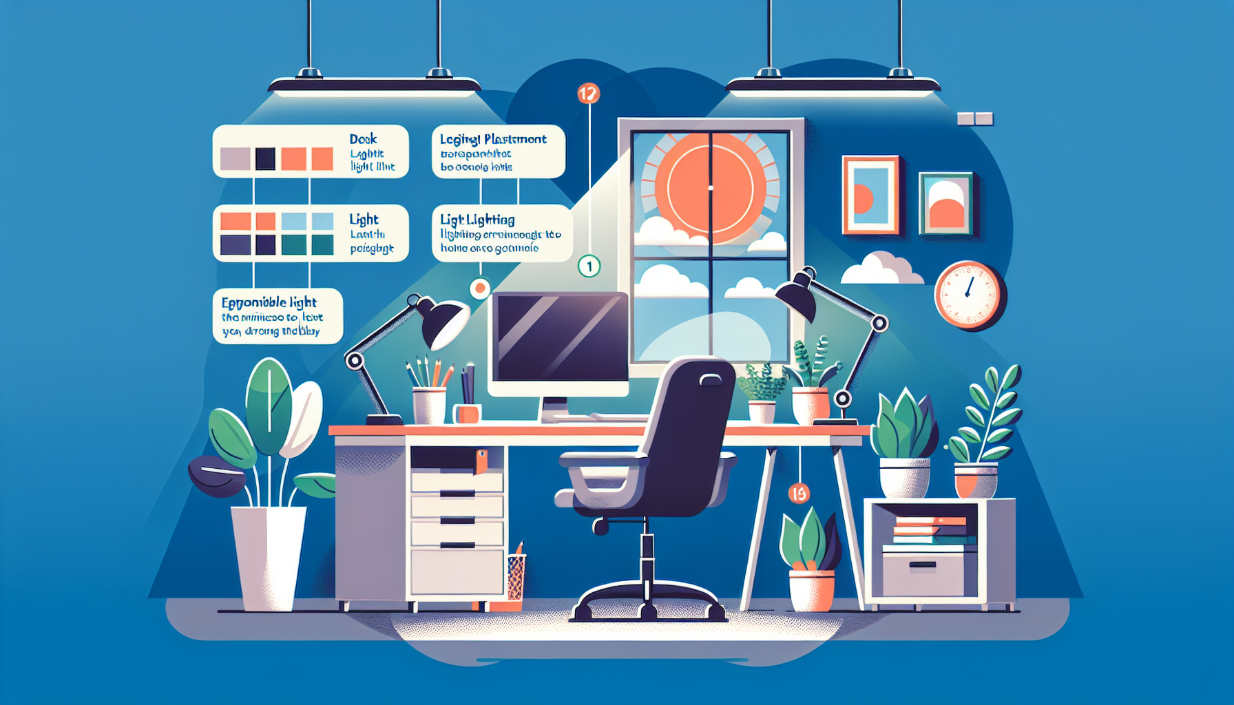 Плоская иллюстрация организации освещения и эргономики на рабочем столе для комфорта глаз и продуктивности