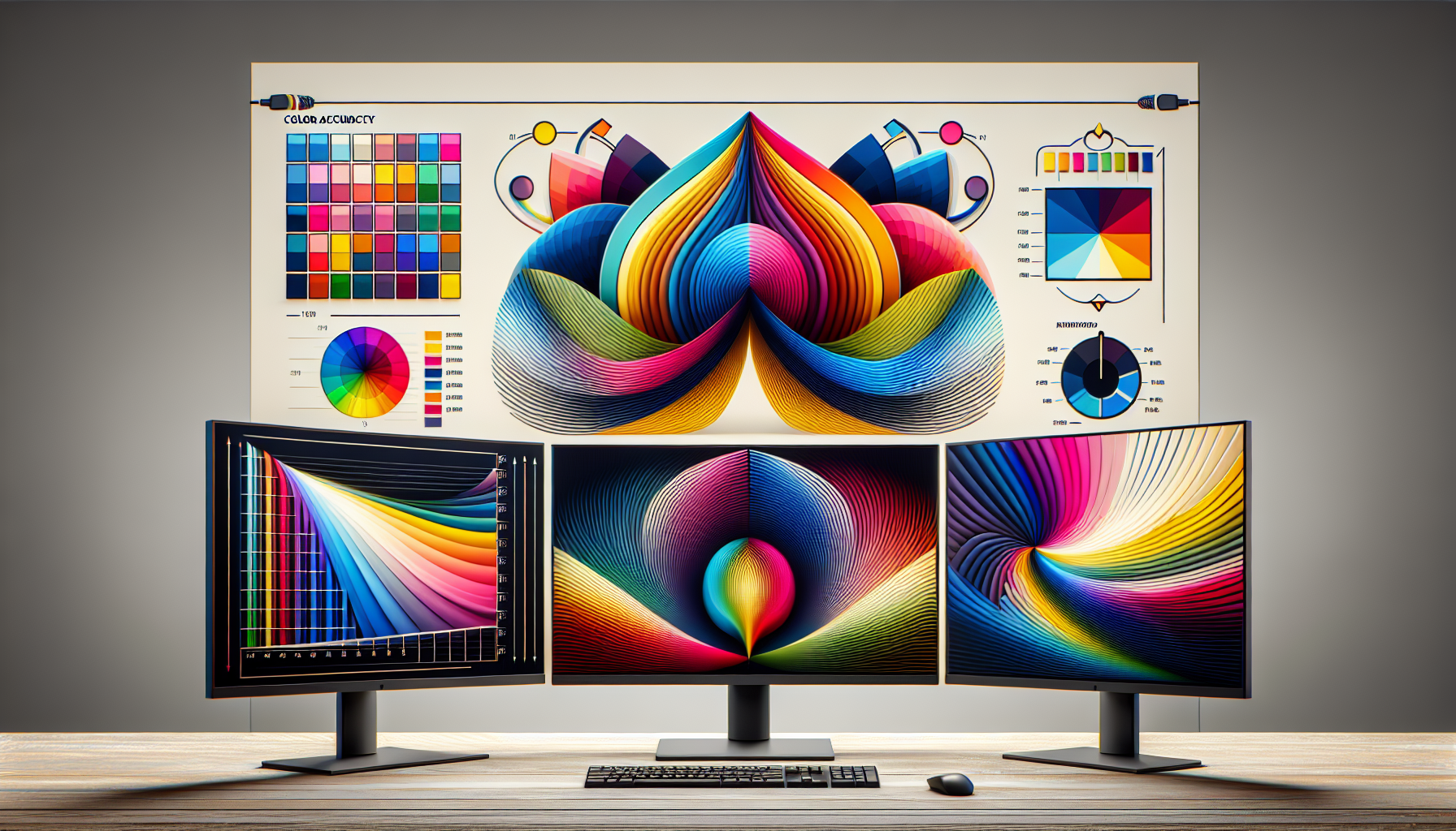 Абстрактная визуализация мониторов с высокой цветопередачей, показывающая спектры цветов и градиенты